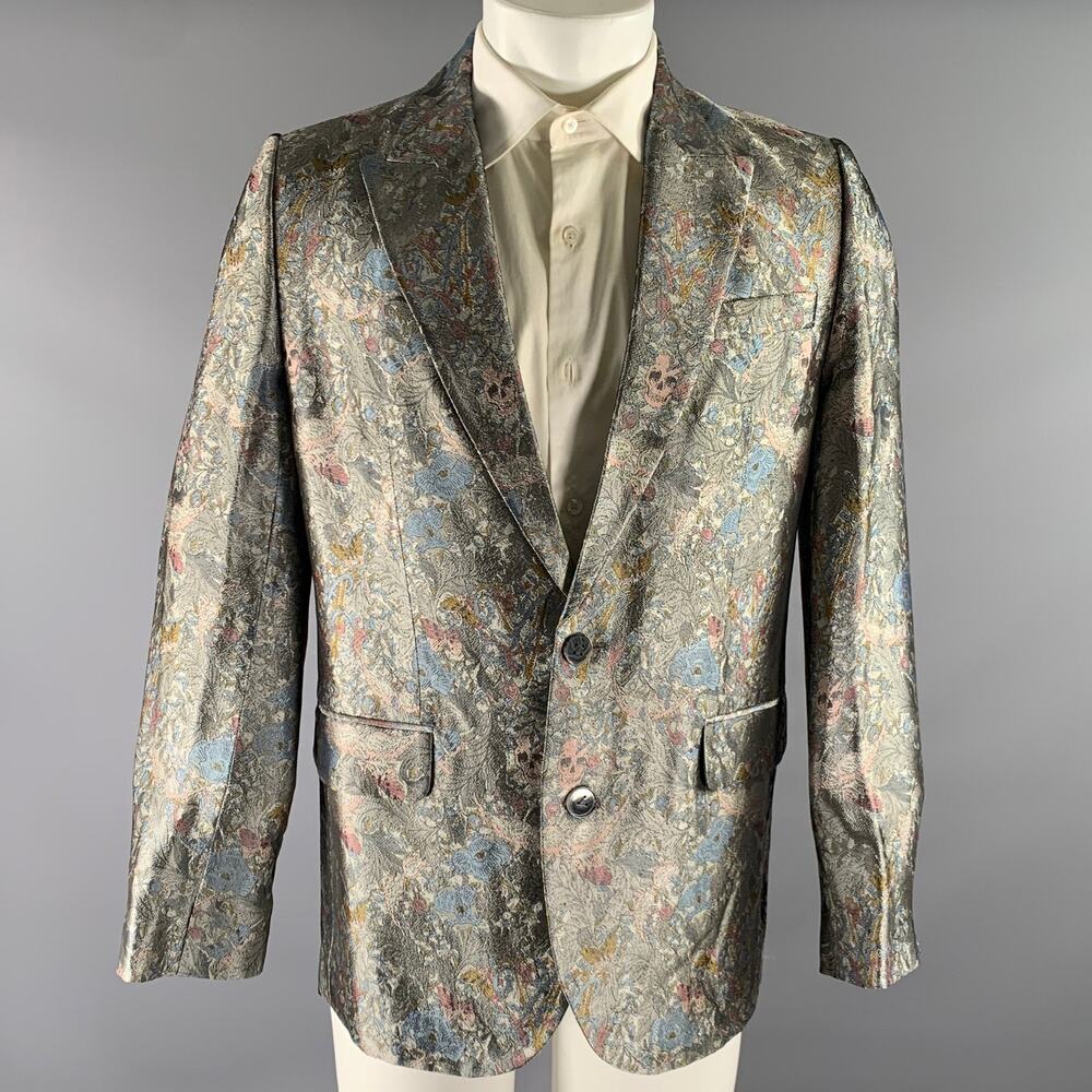 ZADIG & VOLTAIRE Chest Size 38 Silver Blue Pink Jacquard Peak Lapel Sport Coat